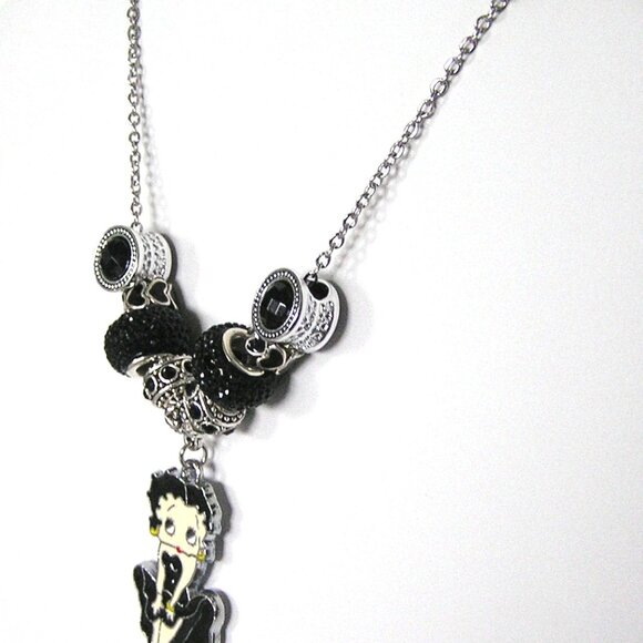 Betty Boop Black Sparkle Necklace With European Beads & Charms, NEW - Picture 2 of 5